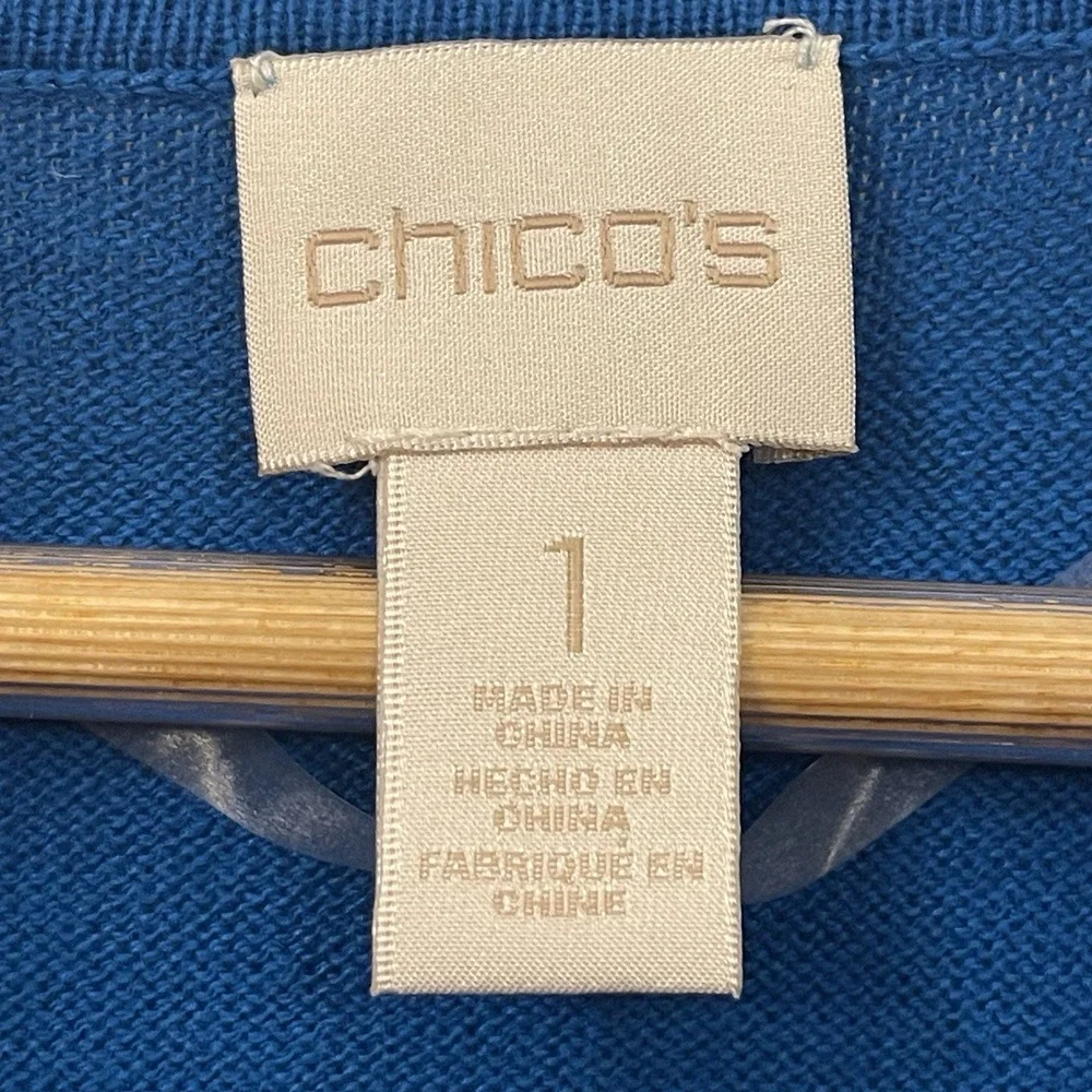 Chico's 1 Short Sleeve Knit Sweater Top Long Line Vibrant Blue Pockets Size S/M
